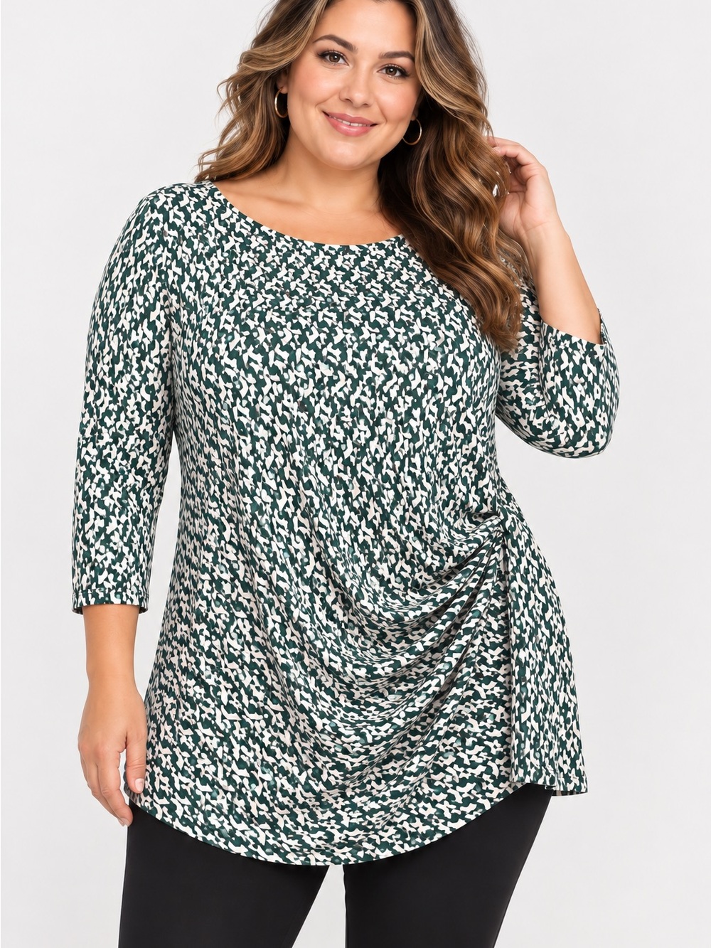 Tahari Green White Geometric Ruched 3/4 Sleeve Stretch Top Women’s Large